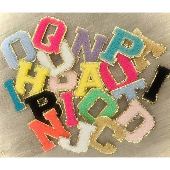 Mixed Lot of 15 Iron/Glue On 2” Chenille Letter Patch With Gold Glitter Trim - Picture 1 of 15